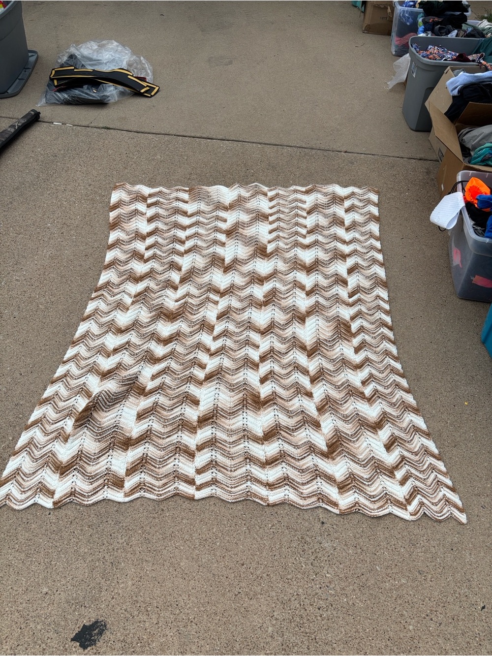 Handmade Chevron Crochet Throw Blanket in Cream and Brown